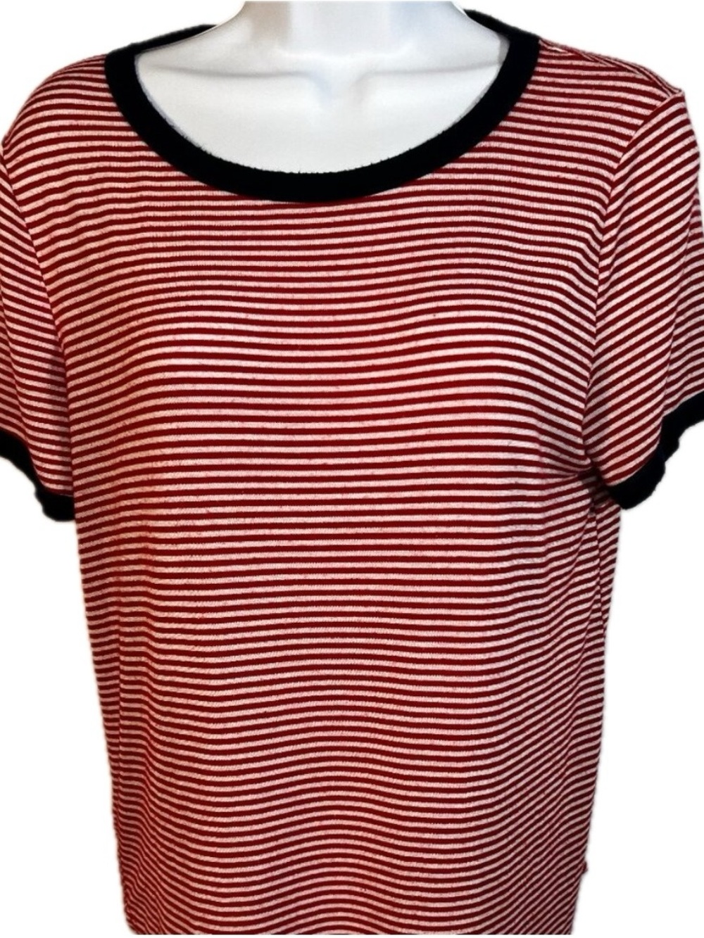 gaze red white and blue t-shirt. Rounded bottom-stripes and blue banded sleeves